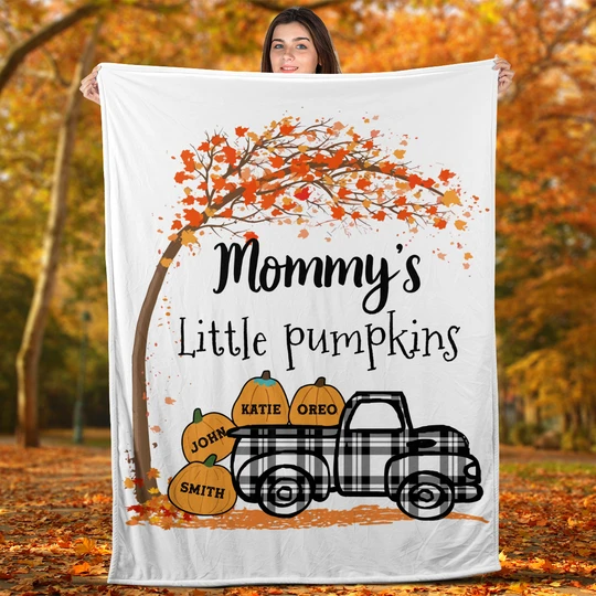 Personalized Fleece Blanket Mommy's Little Pumpkins Plaid Truck With Maple Tree Printed Custom Kids Name Fall Blanket