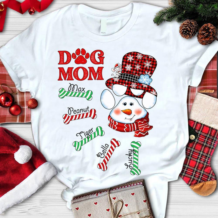 Personalized T-Shirt For Dog Lovers Dog Mom Shirt Dog Paw Snowman & Candy Cane Printed Custom Dog'S Name