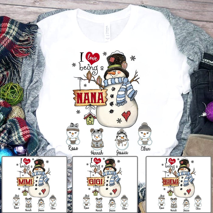 Personalized T-Shirt For Grandma I Love Being A Nana Cute Snowman & Baby Printed Custom Grandkids Name