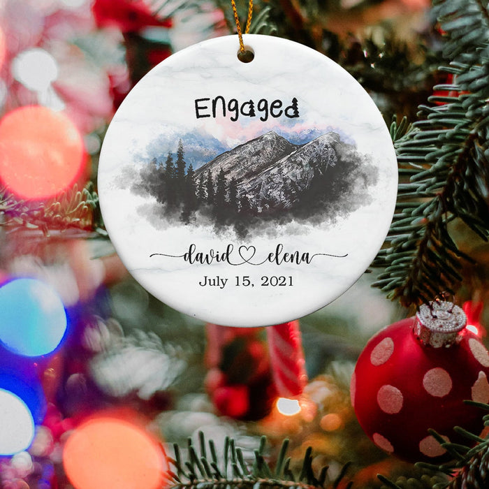 Personalized Engagement Ornament Christmas Engaged Print Moutain & Forest Custom Names & Date Circle Ornament