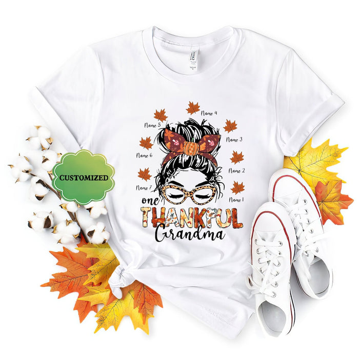 Personalized T-Shirt Thankful Grandma Messy Bun Hair Floral Design With Maple Leaves Printed Custom Grandkid's Name