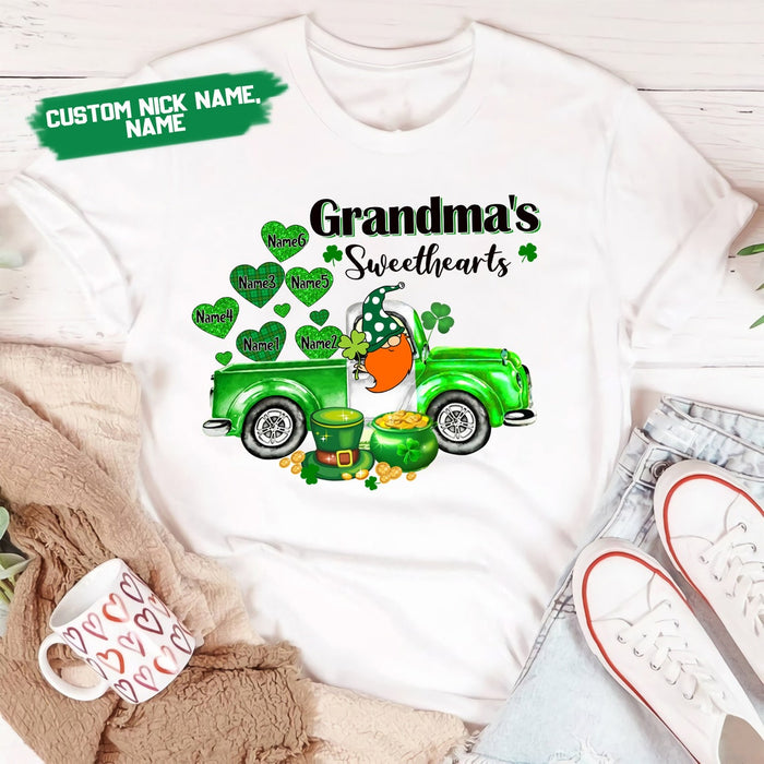 Personalized Patrick's Day T-Shirt Grandma's Sweethearts Cute Gnome & Green Heart Truck Printed Custom Grandkids Name