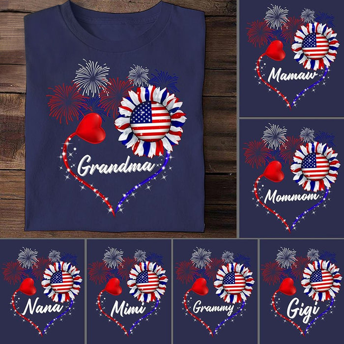 Personalized T-Shirt For Grandma American Sunflower Heart And Fireworks Printed Red White Blue Design Custom Nickname