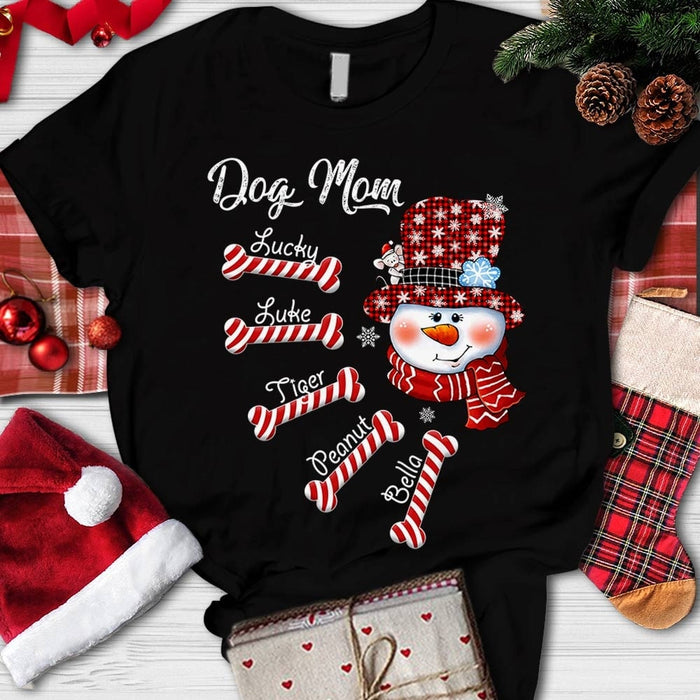 Personalized T-Shirt For Dog Lovers Dog Mom Snowman Candy Bone Christmas Shirt Custom Dog's Name Buffalo Plaid Design