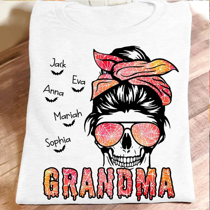 Personalized T-Shirt For Grandma Messy Bun Hair Skull With Glasses Headband & Bats Printed Custom Grandkids Name