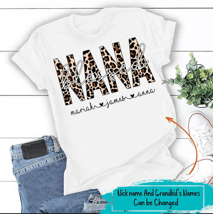 Personalized T-Shirt For Grandma Blessed Nana Monogram Leopard Design Custom Grandma's Nickname & Grandkids Name