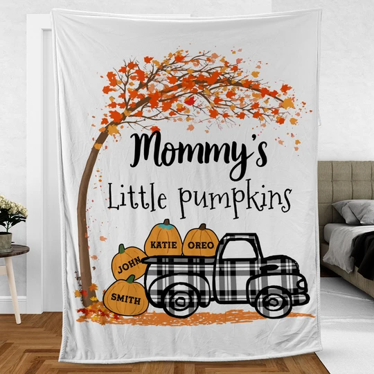 Personalized Fleece Blanket Mommy's Little Pumpkins Plaid Truck With Maple Tree Printed Custom Kids Name Fall Blanket