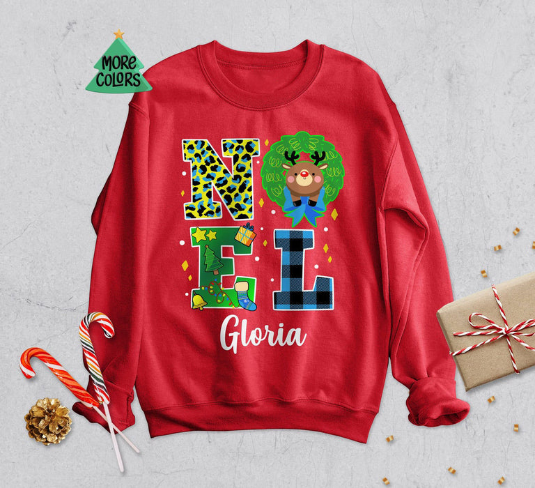 Personalized Matching Sweatshirt & Hoodie For Family Noel With Cute Reindeer Tree & Sock Printed Custom Name