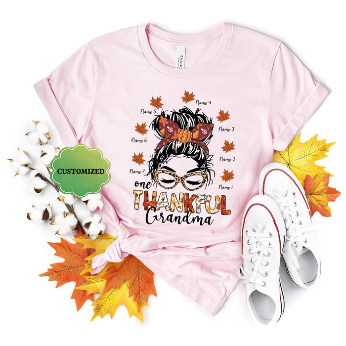 Personalized T-Shirt Thankful Grandma Messy Bun Hair Floral Design With Maple Leaves Printed Custom Grandkid's Name