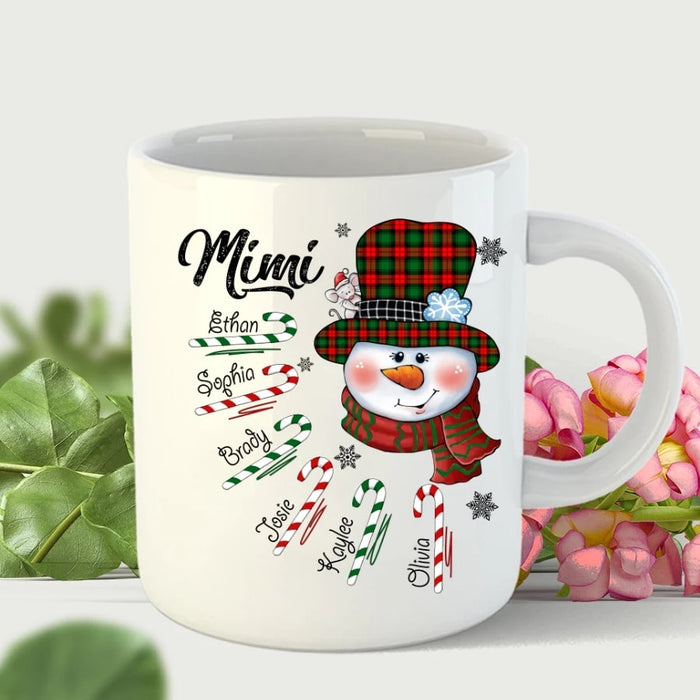 Personalized Coffee Mug For Grandma Mimi Snowman & Candy Cane Printed Custom Grandkids Name 11Oz 15Oz Ceramic Mug