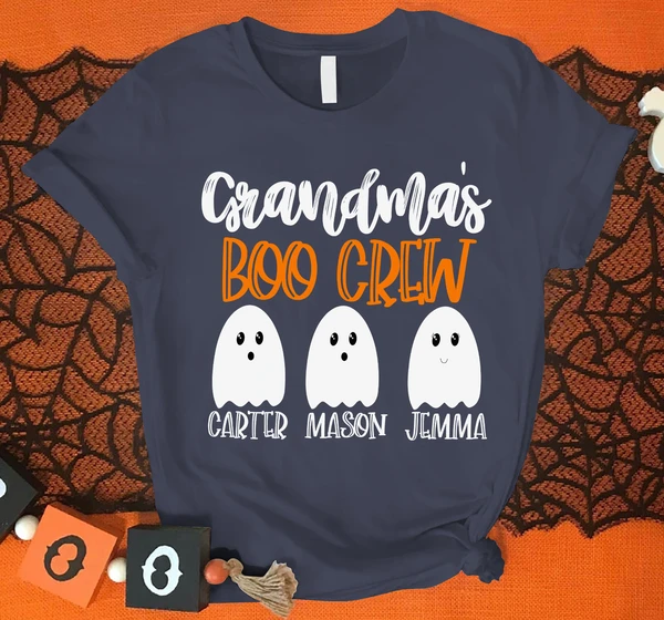 Personalized T-Shirt Grandma's Boo Crew Cute Ghost Printed Custom Grandkid's Name Halloween Shirt