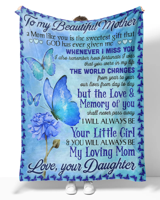 Personalized Blanket To My Beautiful Mother Blue Flower & Butterfly Fleece Blankets Custom Name