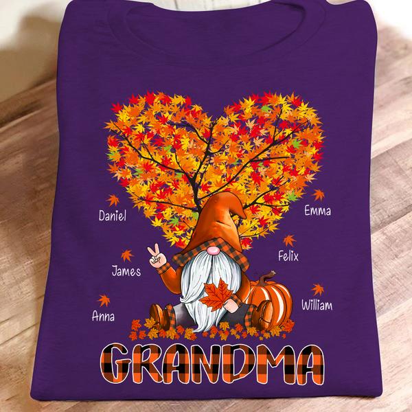 Personalized T-Shirt For Grandma Cute Gnome With Heart Tree And Falling Leaves Plaid Design Custom Grandkid's Name