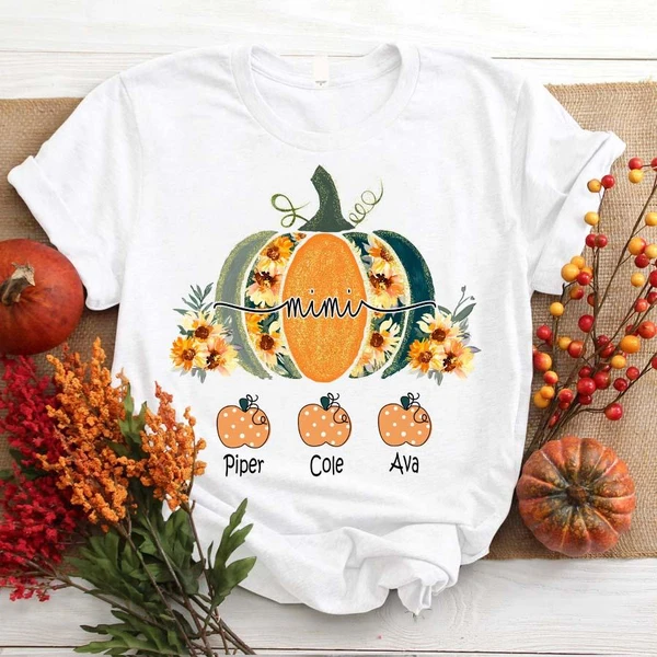 Personalized T-Shirt For Grandma Mimi Floral Pumpkin Printed Custom Grandkids Name Shirt For Halloween