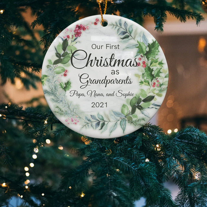 Personalized Greenery Circle Ornament For Papa Nana Our First Christmas As Grandparents Ornament Custom Name And Year