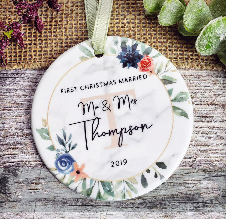 Personalized First Christmas Married Ornament For Him Her Custom 1st As Mr & Mrs Keepsake Circle Wreath With Initial