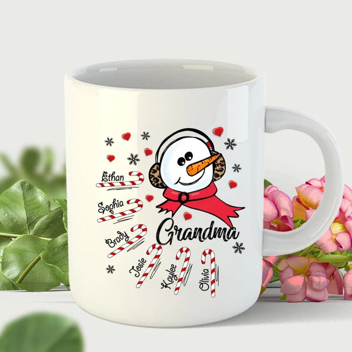 Personalized Coffee Mug For Grandma Cute Snowman With Headphone & Candy Cane Printed Custom Grandkids Name 11Oz 15Oz Mug