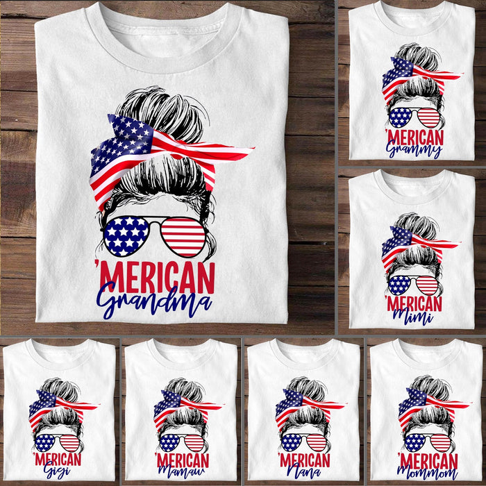 Personalized T-Shirt American Grandma Messy Bun Hair US Flag Printed Red White Blue Shirt Custom Nickname Veteran Shirt
