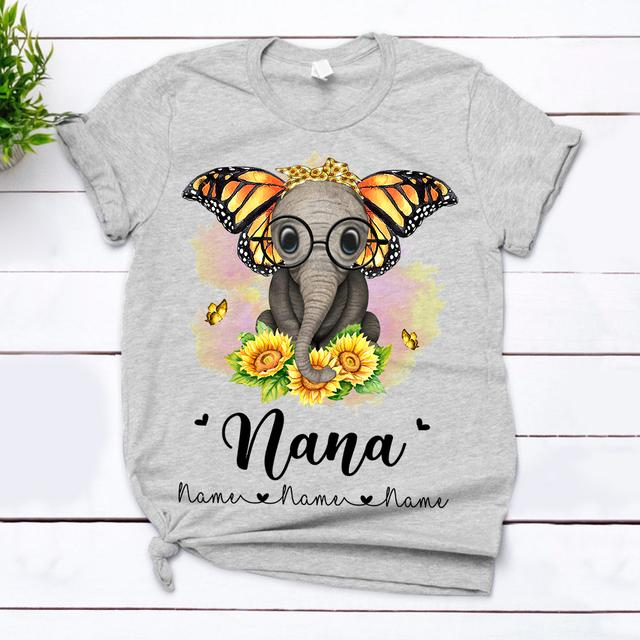 Personalized T-Shirt For Grandma Elephant Nana Cute Elephant With Glasses & Sunflower Printed Custom Grandkids Name