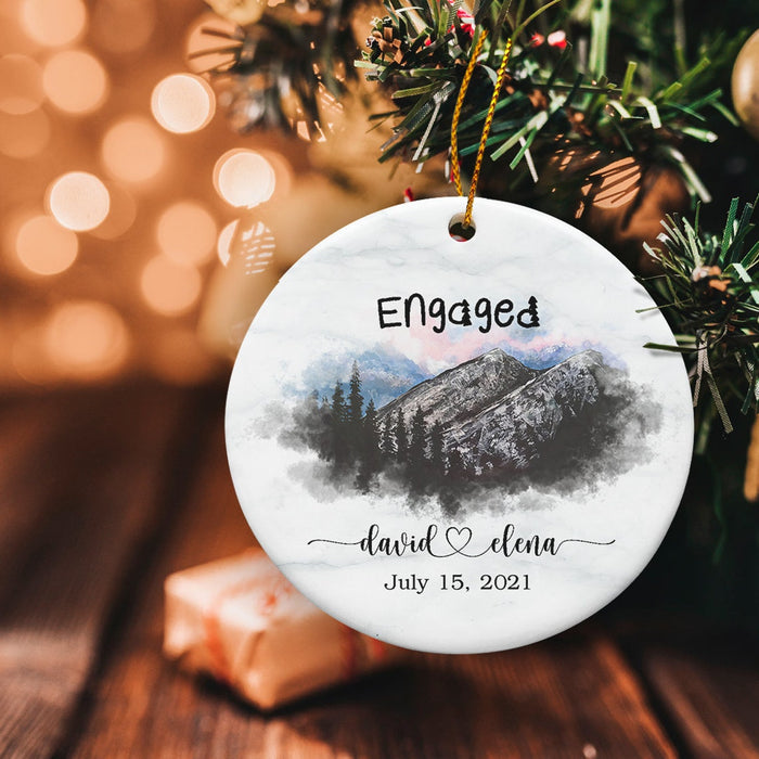Personalized Engagement Ornament Christmas Engaged Print Moutain & Forest Custom Names & Date Circle Ornament