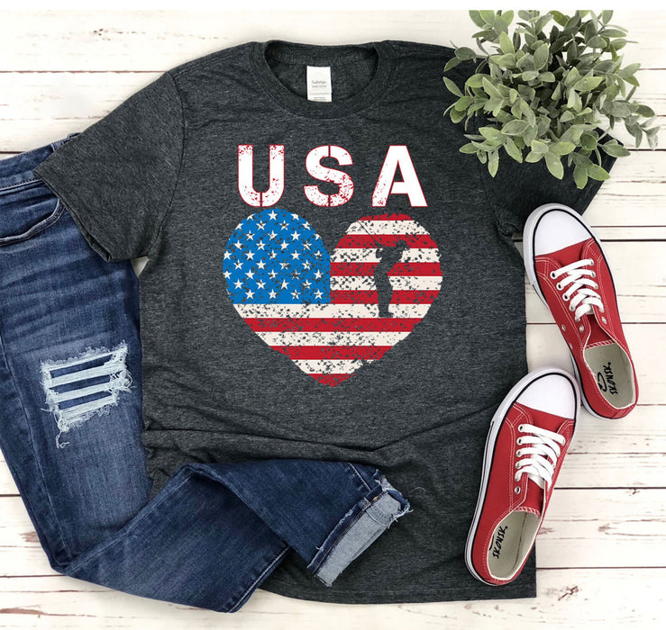 Classic Unisex T-Shirt For Golf Lovers American Heart US Flag Printed Red White Blue Design Shirt For Golf Team