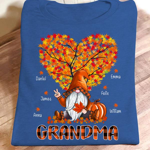 Personalized T-Shirt For Grandma Cute Gnome With Heart Tree And Falling Leaves Plaid Design Custom Grandkid's Name