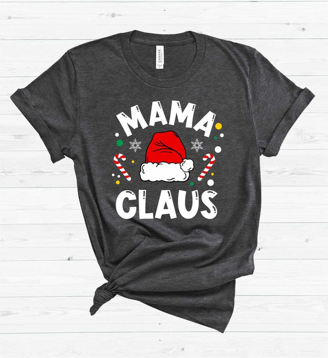 Personalized T-Shirt For Grandma Mama Claus Print Santa Hat Candy Cane & Snowflake Funny Christmas Shirt Custom Nickname