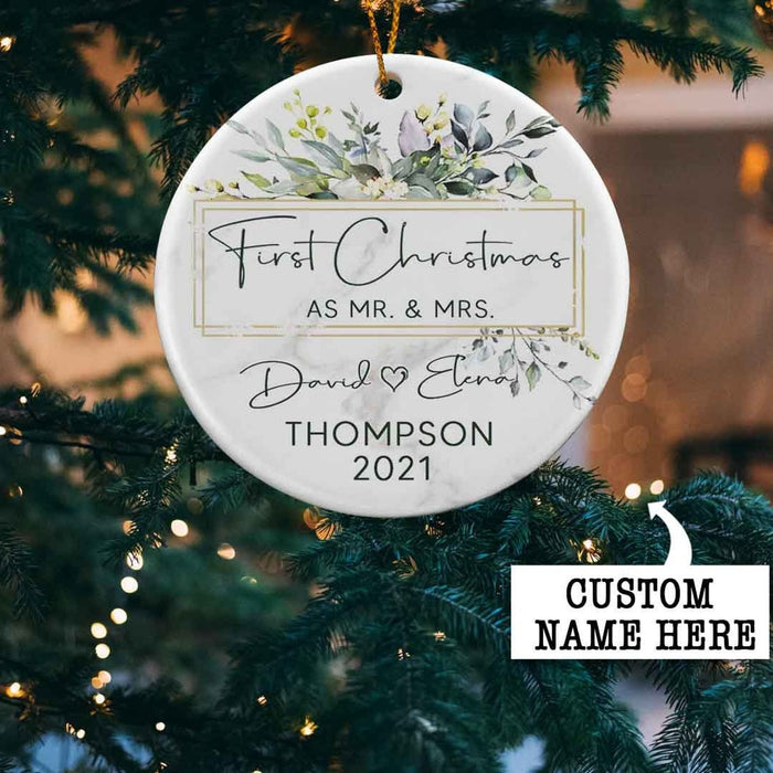 Personalized Newlywed Ornament First Christmas As Mr & Mrs Print Green Botanical Framed Custom Names & Year