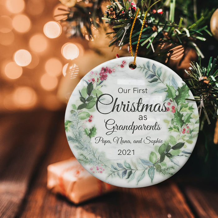 Personalized Greenery Circle Ornament For Papa Nana Our First Christmas As Grandparents Ornament Custom Name And Year