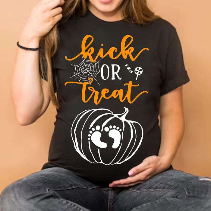 Classic T-Shirt For Pregnancy Women Kick Or Treat Print Cute Pumpkin Footprint & Spiderweb Halloween Maternity Shirt