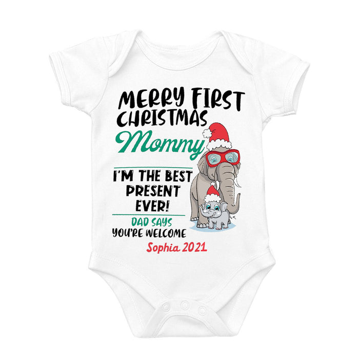 Personalized Cute Santa Elephant Mom And Baby Onesie Outfits For Boy Girl Newborn Merry First Christmas Mommy Bodysuit