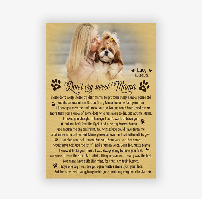Personalized Memorial Canvas Wall Art For Loss Of Pet Don't Cry Sweet Mama Yellow Theme Pawprints Custom Name & Photo