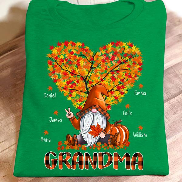 Personalized T-Shirt For Grandma Cute Gnome With Heart Tree And Falling Leaves Plaid Design Custom Grandkid's Name