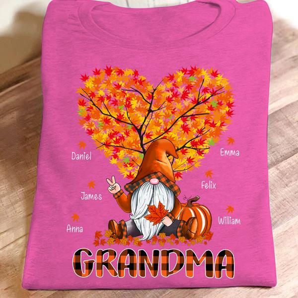 Personalized T-Shirt For Grandma Cute Gnome With Heart Tree And Falling Leaves Plaid Design Custom Grandkid's Name