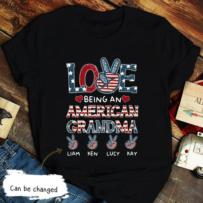 Personalized T-Shirt For Women Love Being An American Grandma Custom Nickname & Grandkids Name US Flag Hand Sign Printed