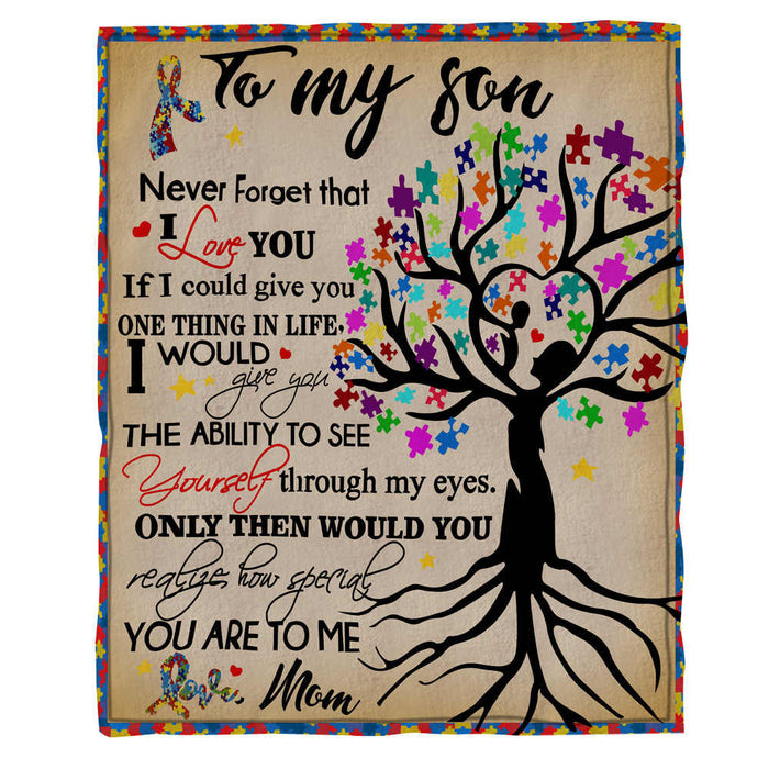 Personalized To My Son Never Forget That I Love You Sherpa Fleece Blanket From Mom Colorful Puzzle Piece Tree Printed