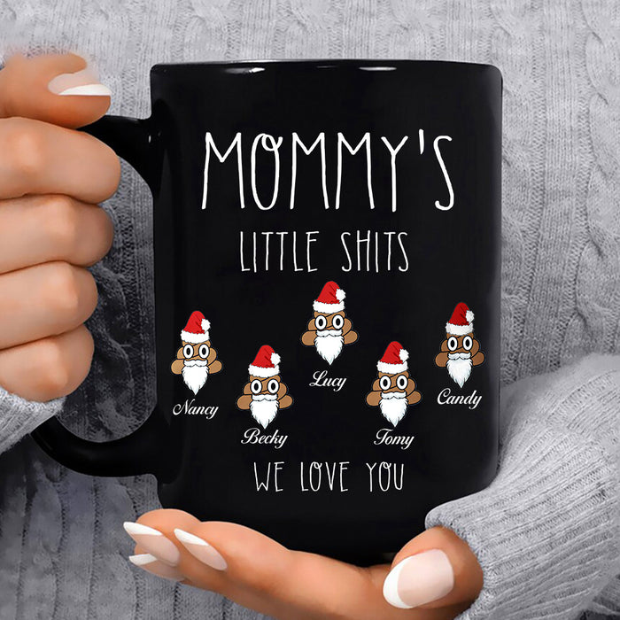 Personalized 11Oz 15Oz Coffee Mug Mommy's Little Shits We Love You Cute Shits With Santa Hat Printed Custom Kids Name