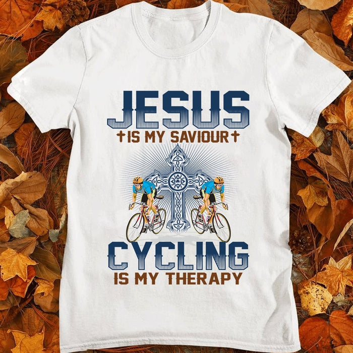 Classic T-Shirt For Cycling Lovers Jesus Is My Savior Cycling Is My Therapy Print Players & Christ Cross Shirt For Men