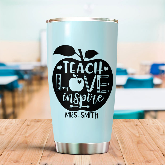 Personalized Tumbler For Teacher Teach Love Inspire Baby Blue Apple 20oz Travel Cup Custom Name Gifts For Back To School