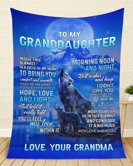 Personalized To My Granddaughter From Grandma Inside This Blanket Is A Piece Of My Heart Old Wolf & Baby Wolf Printed