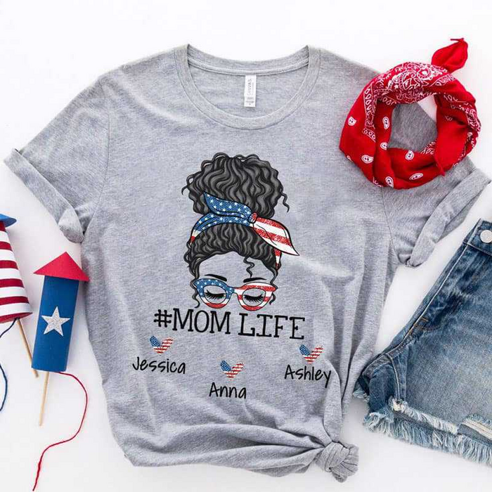 Personalized T-Shirt For Mom Messy Bun Hair Women American Heart Printed Hashtag Mom Life Custom Kids Name