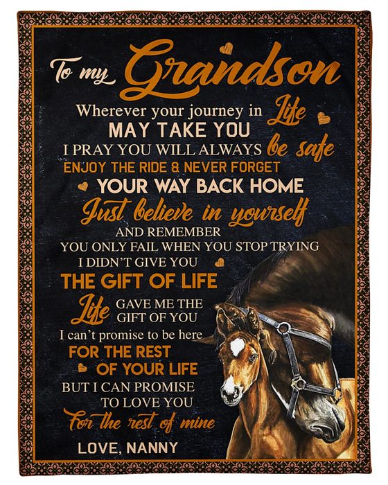 Personalized To My Grandson Blanket From Grandparents Horse Lover Enjoy The Ride Vintage Custom Name Gifts For Birthday