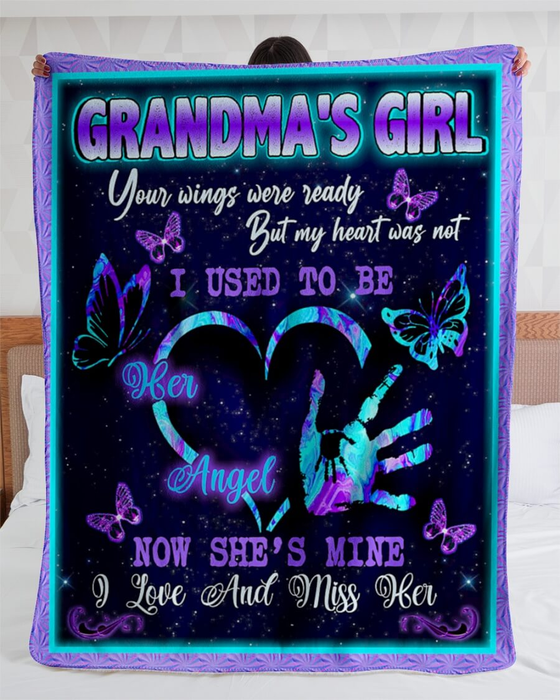 Personalized Memorial Blanket For Granddaughter In Heaven From Grandma Handprint Heart Butterflies Dark Night Printed