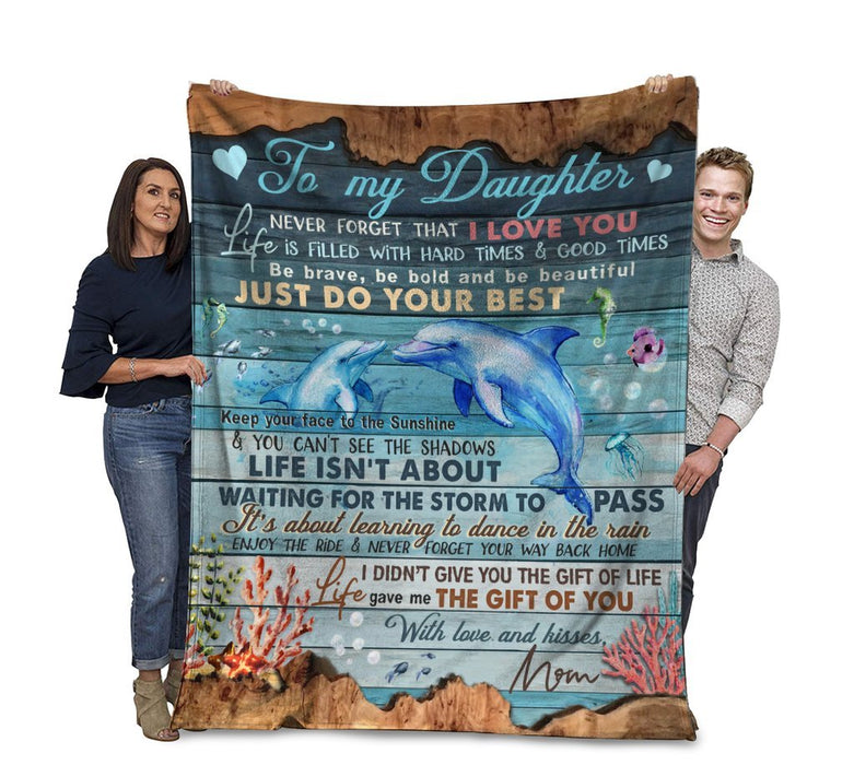 Personalized To My Daughter Fleece Blanket Print Dolphin Wood Design From Mom Never Forget That I Love You Custom Name