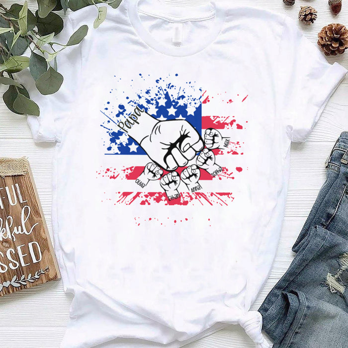 Personalized T-Shirt For Grandpa Fist Bump Print Vintage USA Flag Design Custom Grandkids Name 4th Of July Shirt
