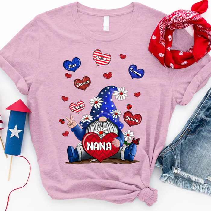 Personalized T-Shirt For Grandma Gnome Heart & Daisy Print USA Flag Design Custom Grandkids Name 4th Of July Shirt