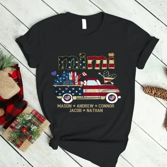 Personalized T-Shirt For Grandma Sunflower & Truck With USA Flag Style Custom Grandkids Name 4th July Day Shirt