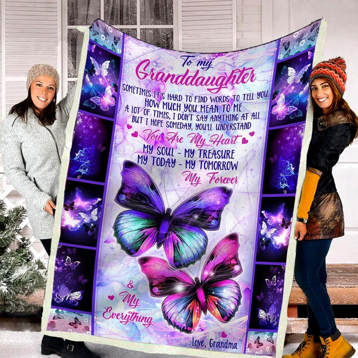 Personalized Purple Blanket To My Granddaughter Print Colorful Butterfly Premium Blanket Custom Name