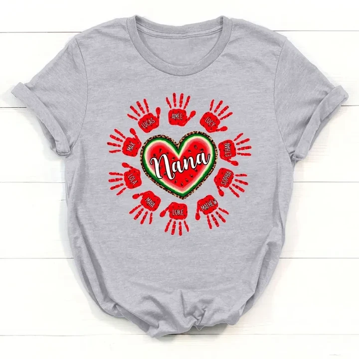 Personalized T-Shirt For Grandma Watermelon Heart Design Leopard Style Handprint Printed Custom Grandkids Name