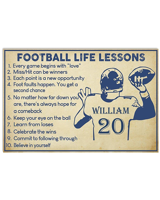 Personalized Football Life Lessons Poster Canvas For Men Player With Ball Printed Custom Name & Number Rustic Design